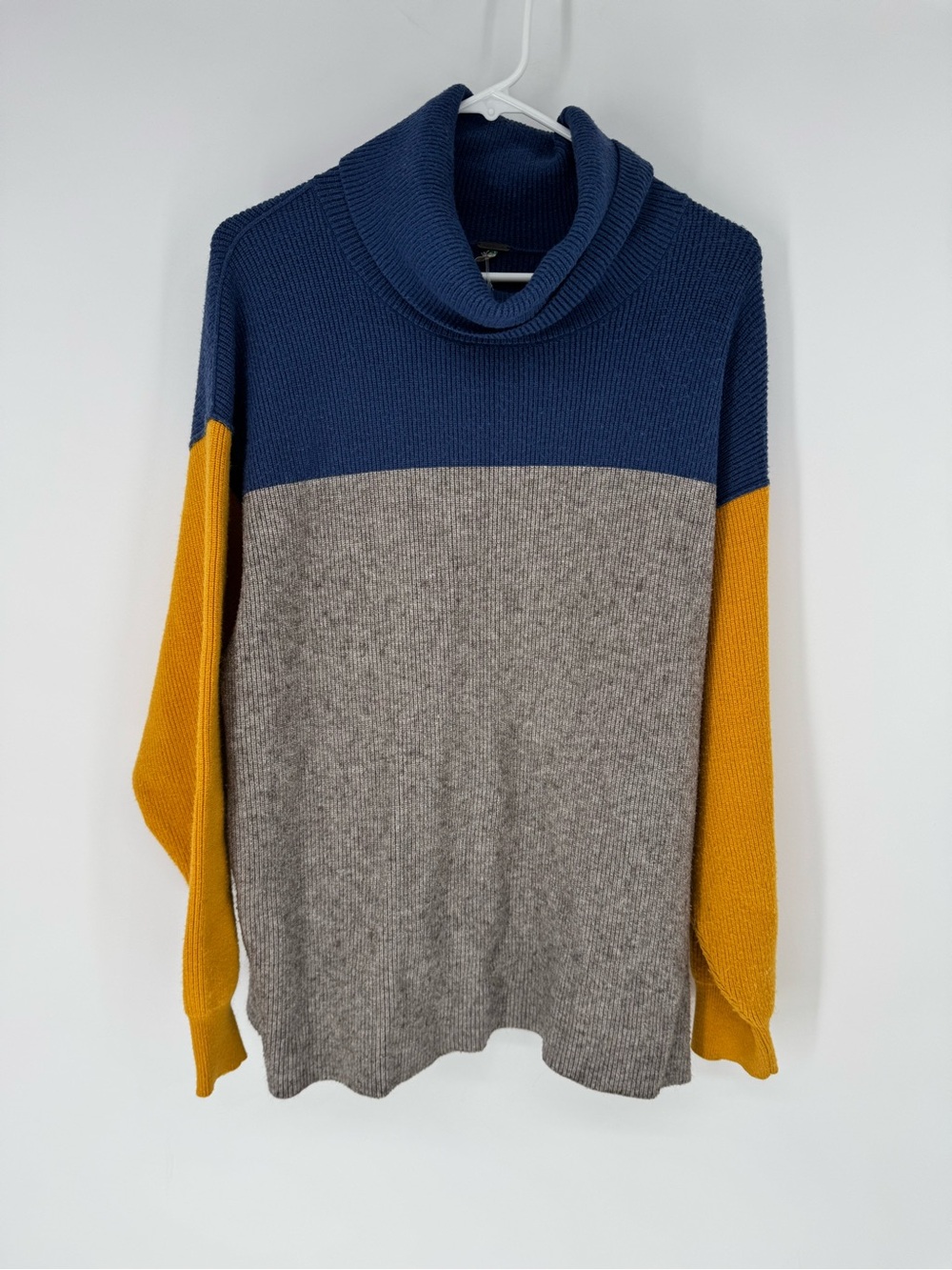 Free People Colorblock Cowl Neck Sweater in Navy, Gray & Mustard